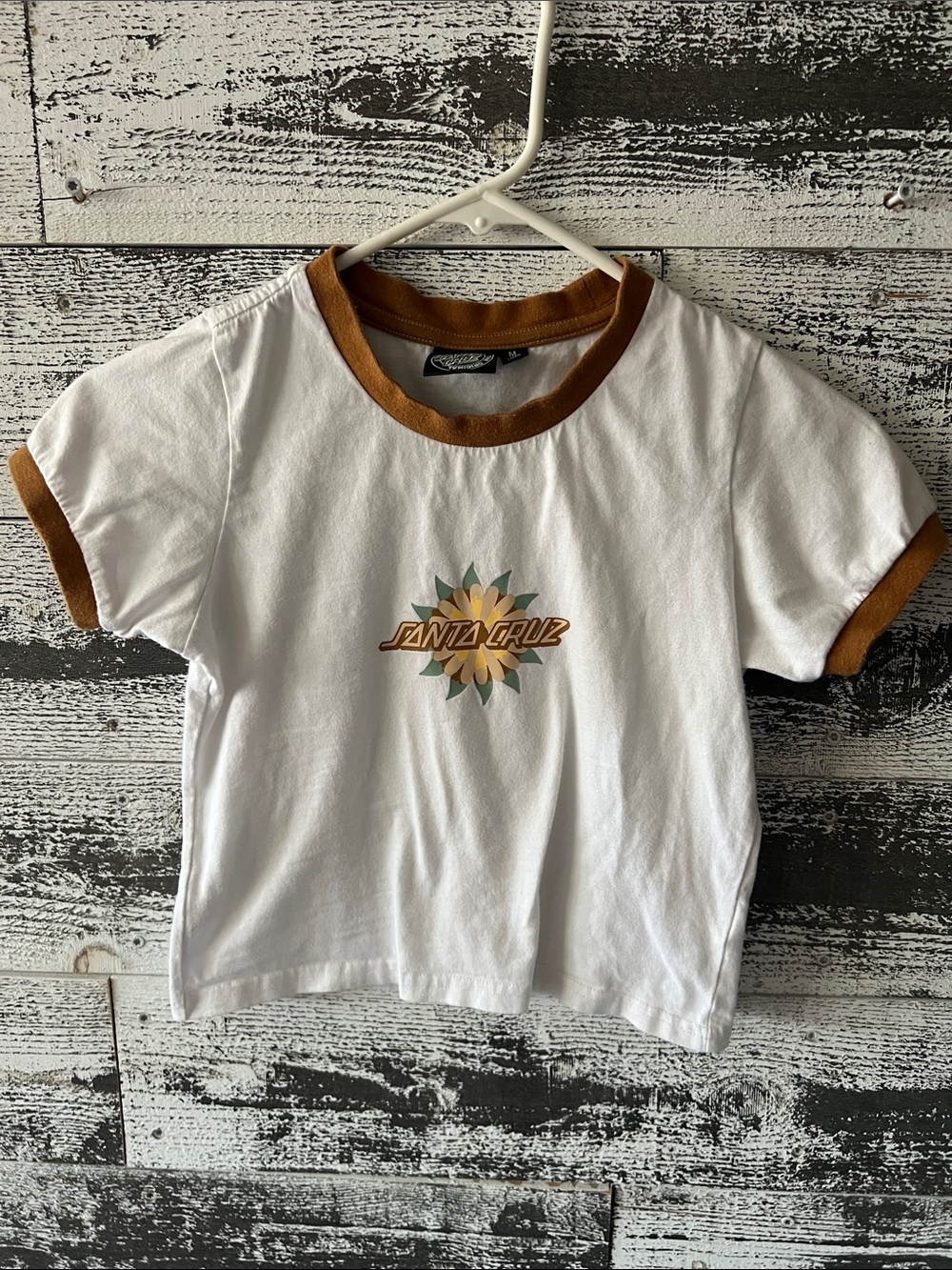Santa Cruz Skateboards White Tee with Brown Trim and Sunflower Logo